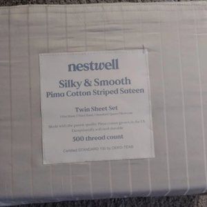 NEW Nestwell Silky & Smooth Pima Cotton Striped Sateen Twin Sheet Set Birch